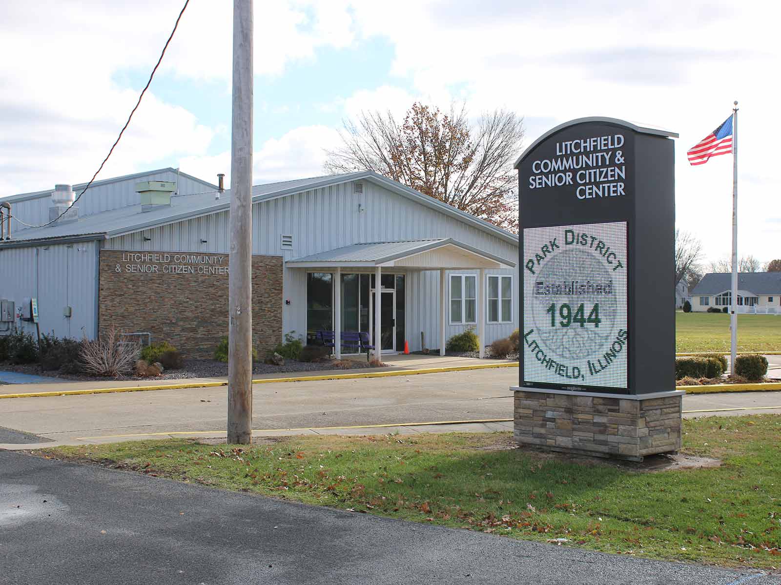exterior view of the Litchfield Community and Senior Citizen Center showing the building's sign