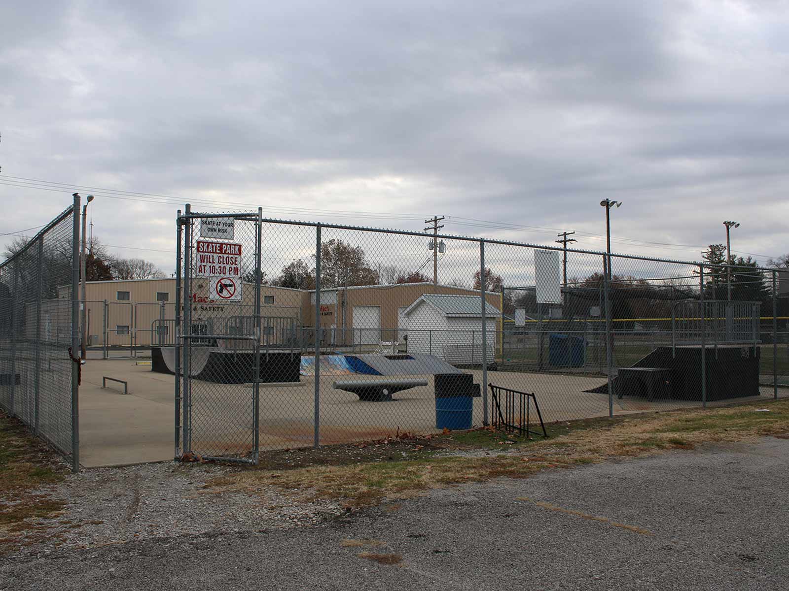 view from outside the fence of the Skate Park